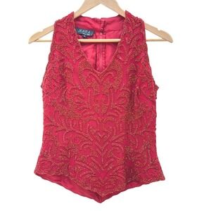 VTG‎ 90s Beaded Halter Top Sleeveless Red Embellished Party Tank Top Size S